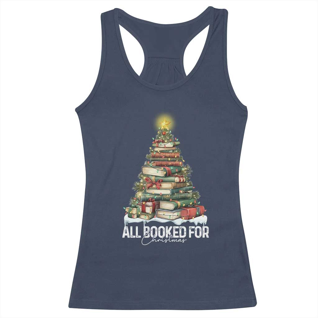 All Booked For Christmas Racerback Tank Top Xmas Tree Lights Book Lover TS11 Navy Print Your Wear