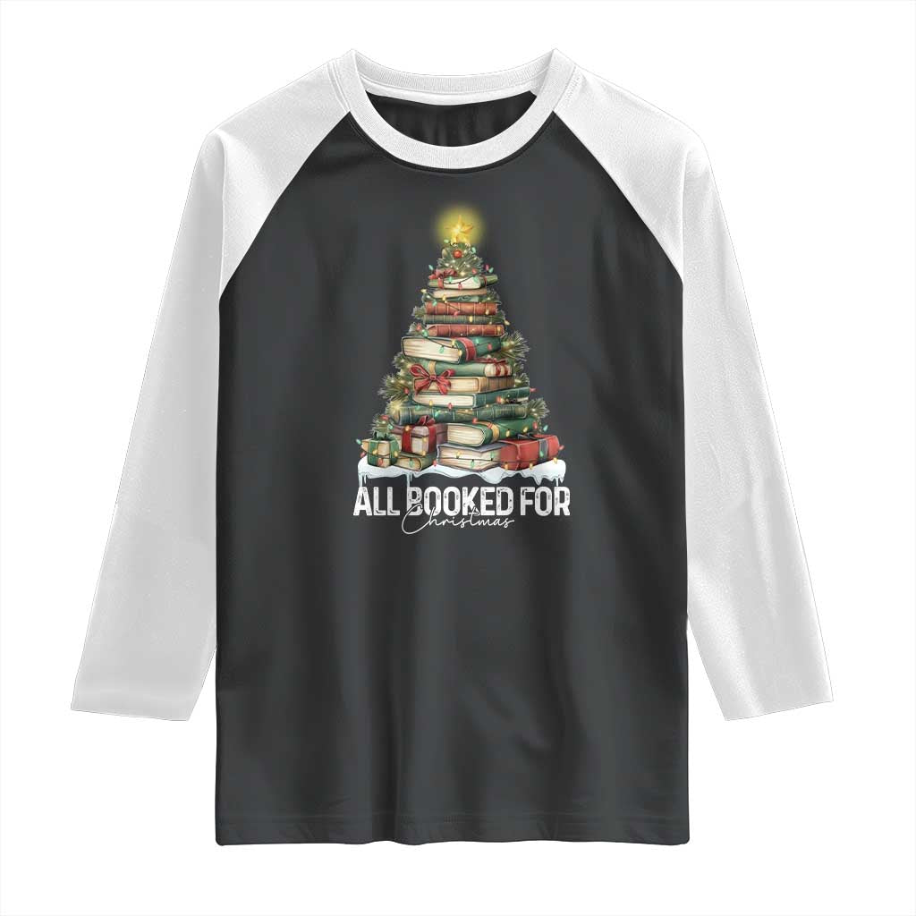 All Booked For Christmas Raglan Shirt Xmas Tree Lights Book Lover TS11 Black White Print Your Wear
