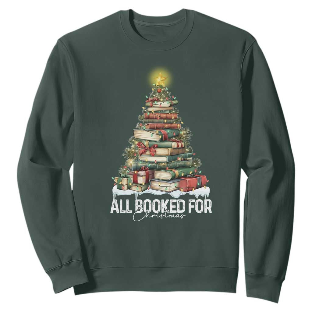 All Booked For Christmas Sweatshirt Xmas Tree Lights Book Lover TS11 Dark Forest Green Print Your Wear