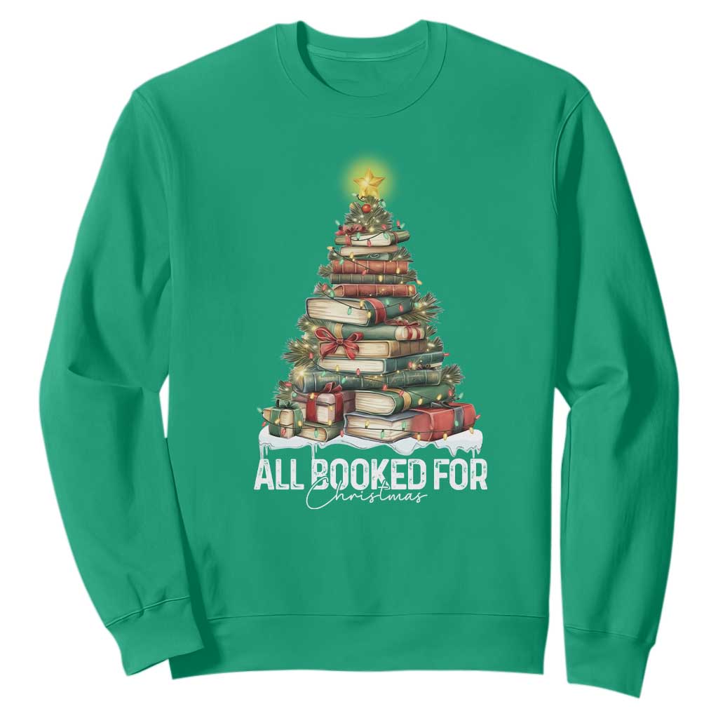 All Booked For Christmas Sweatshirt Xmas Tree Lights Book Lover - Print Your Wear