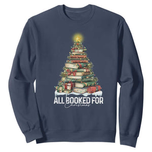 All Booked For Christmas Sweatshirt Xmas Tree Lights Book Lover - Print Your Wear