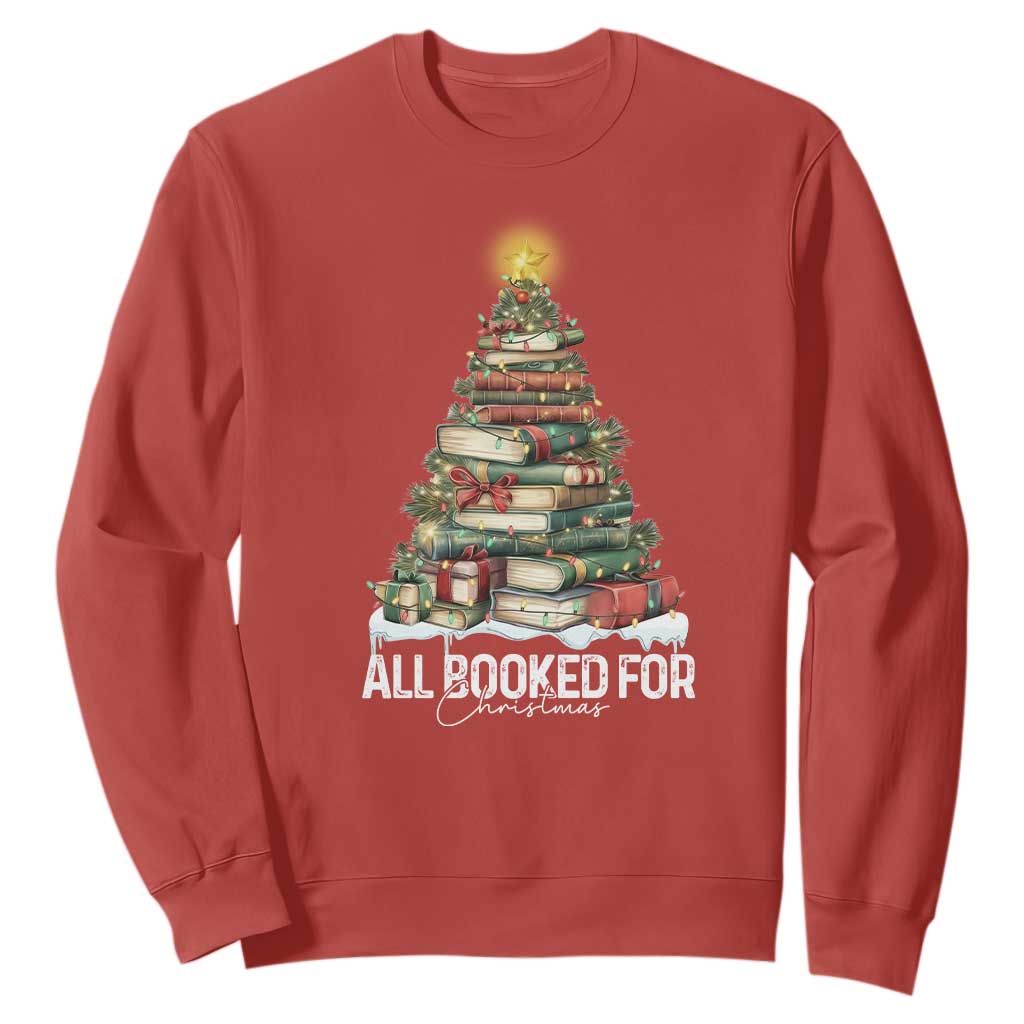 All Booked For Christmas Sweatshirt Xmas Tree Lights Book Lover - Print Your Wear
