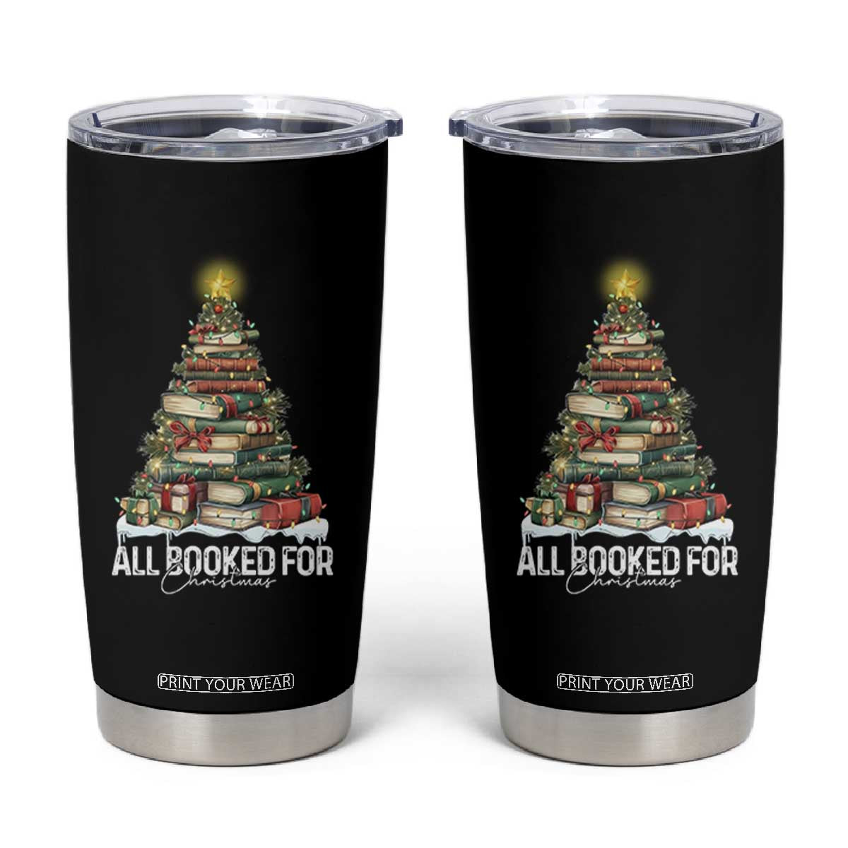 All Booked For Christmas Tumbler Cup Xmas Tree Lights Book Lover TS11 Black Print Your Wear