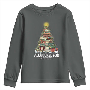 All Booked For Christmas Youth Sweatshirt Xmas Tree Lights Book Lover TS11 Dark Heather Print Your Wear