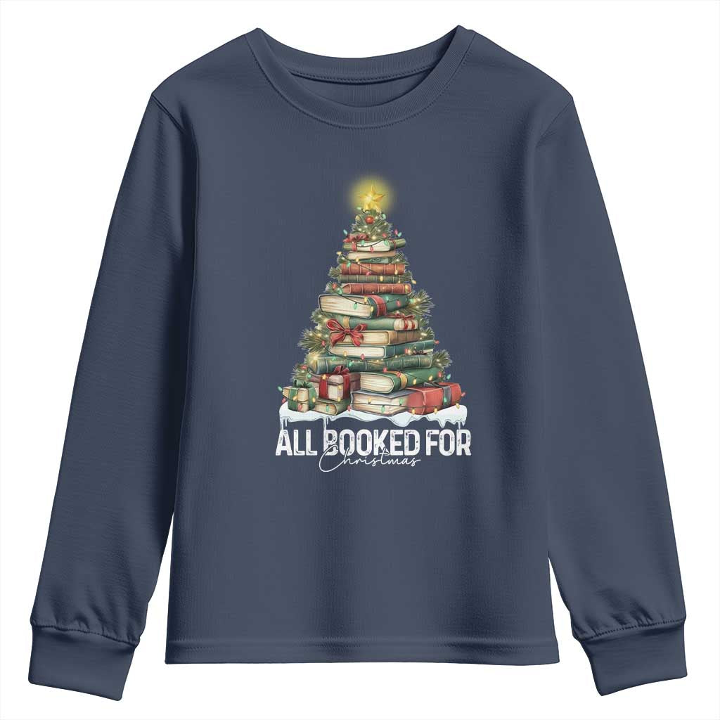 All Booked For Christmas Youth Sweatshirt Xmas Tree Lights Book Lover TS11 Navy Print Your Wear