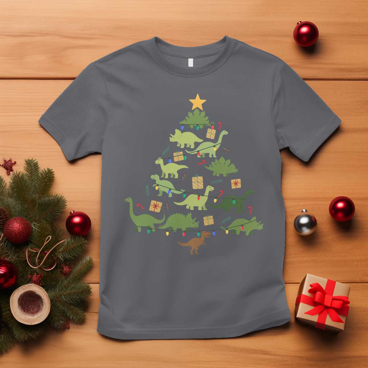 Funny Christmas Dinosaur T Shirt Dino Xmas Tree Rex Paleontologist TS11 Charcoal Print Your Wear