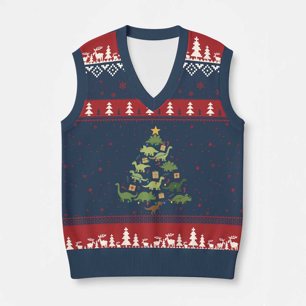 Funny Xmas Dinosaur V-Neck Knit Sweater Vest Dino Xmas Tree Rex Paleontologist TS11 Navy Red Print Your Wear
