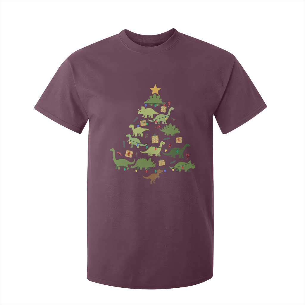 Funny Christmas Dinosaur T Shirt For Kid Dino Xmas Tree Rex Paleontologist TS11 Maroon Print Your Wear