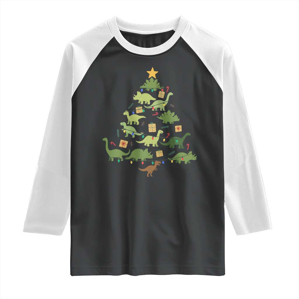 Funny Christmas Dinosaur Raglan Shirt Dino Xmas Tree Rex Paleontologist TS11 Black White Print Your Wear