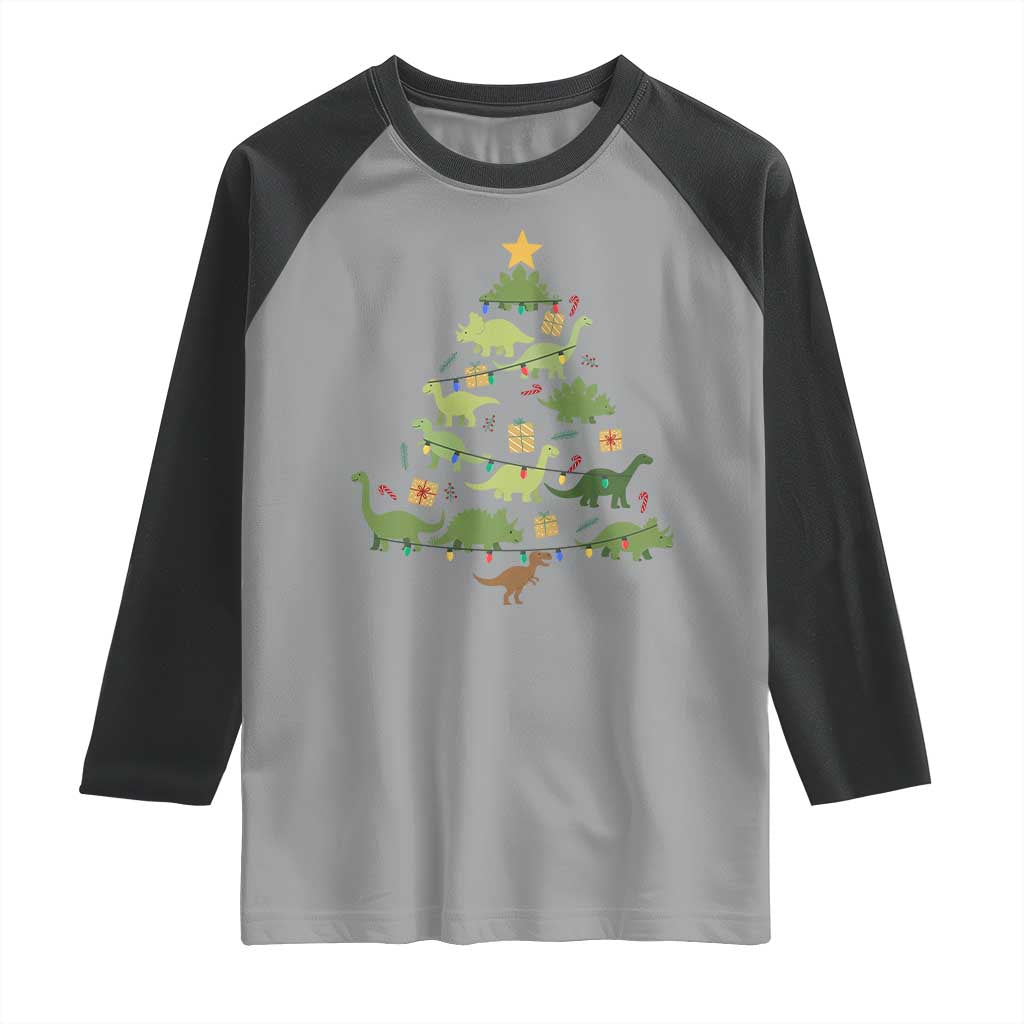 Funny Christmas Dinosaur Raglan Shirt Dino Xmas Tree Rex Paleontologist TS11 Sport Gray Black Print Your Wear
