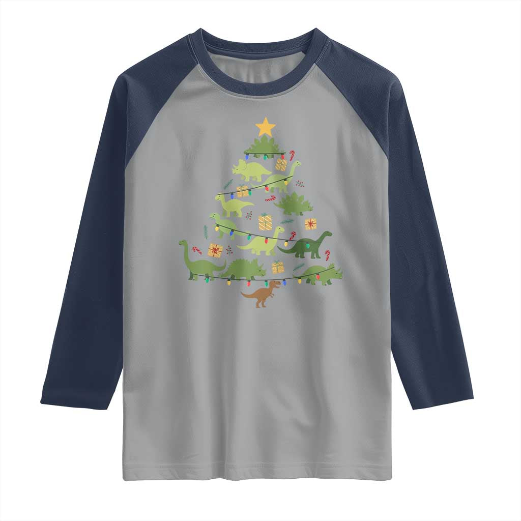 Funny Christmas Dinosaur Raglan Shirt Dino Xmas Tree Rex Paleontologist TS11 Sport Gray Navy Print Your Wear