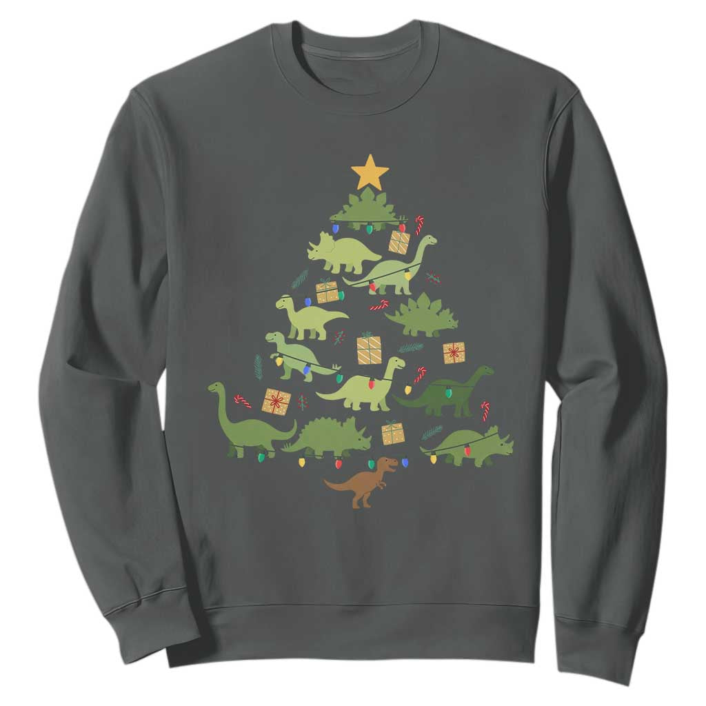 Funny Christmas Dinosaur Sweatshirt Dino Xmas Tree Rex Paleontologist TS11 Dark Heather Print Your Wear