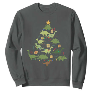 Funny Christmas Dinosaur Sweatshirt Dino Xmas Tree Rex Paleontologist TS11 Dark Heather Print Your Wear