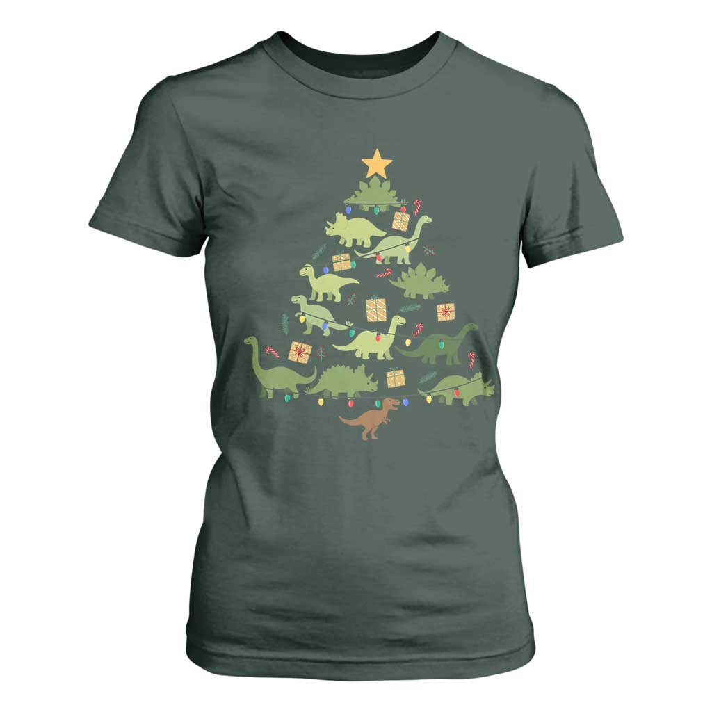 Funny Christmas Dinosaur T Shirt For Women Dino Xmas Tree Rex Paleontologist TS11 Dark Forest Green Print Your Wear