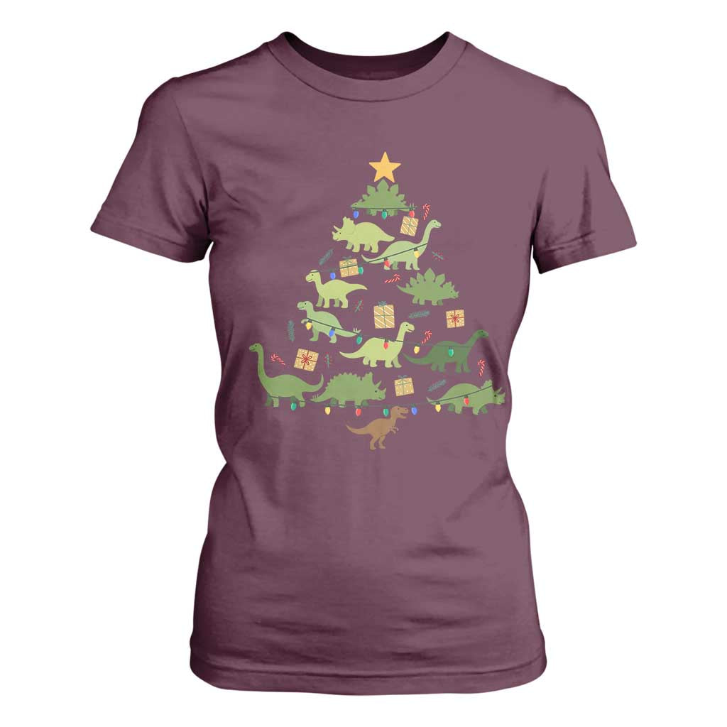 Funny Christmas Dinosaur T Shirt For Women Dino Xmas Tree Rex Paleontologist TS11 Maroon Print Your Wear