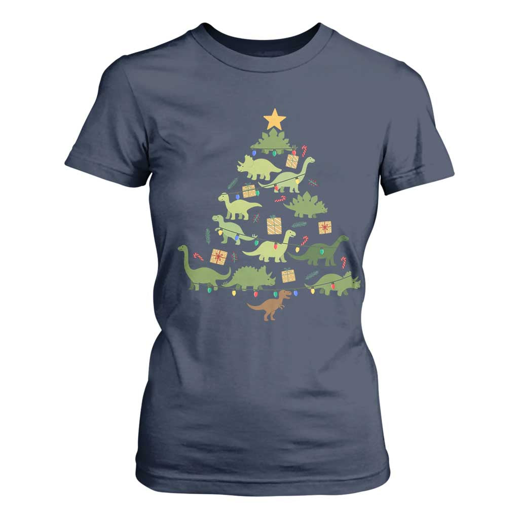Funny Christmas Dinosaur T Shirt For Women Dino Xmas Tree Rex Paleontologist TS11 Navy Print Your Wear