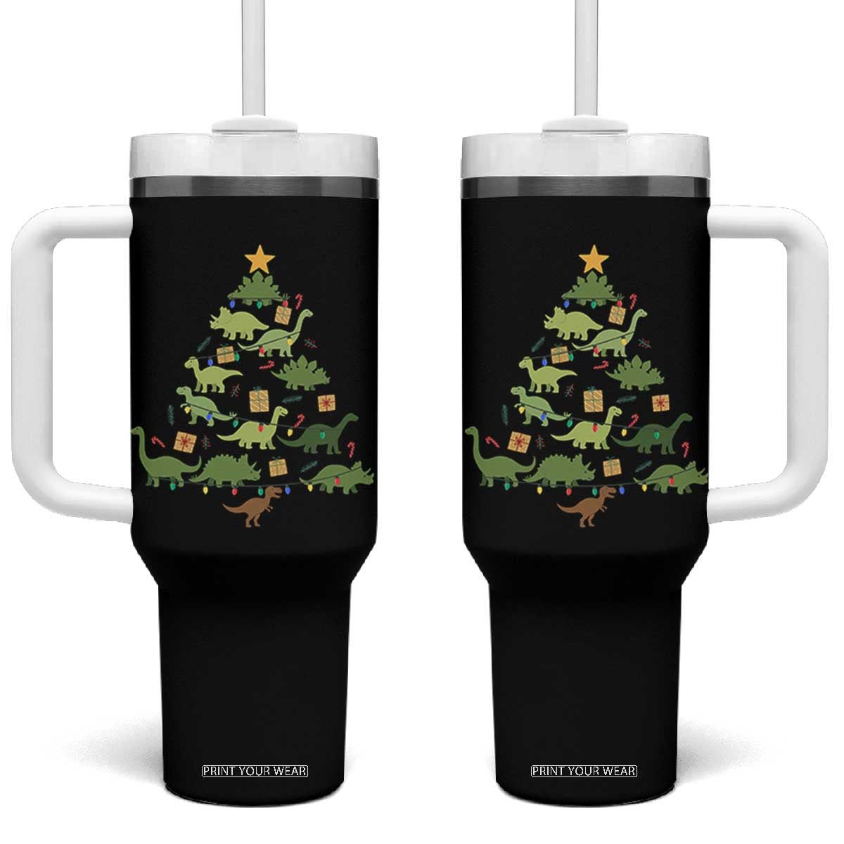 Funny Christmas Dinosaur Tumbler With Handle Dino Xmas Tree Rex Paleontologist TS11 One Size: 40 oz Black Print Your Wear
