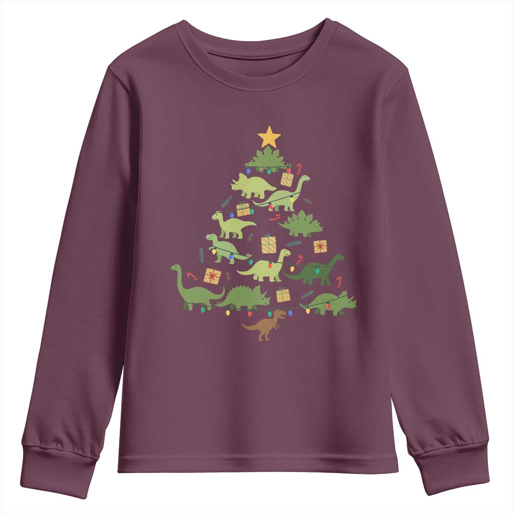 Funny Christmas Dinosaur Youth Sweatshirt Dino Xmas Tree Rex Paleontologist TS11 Maroon Print Your Wear