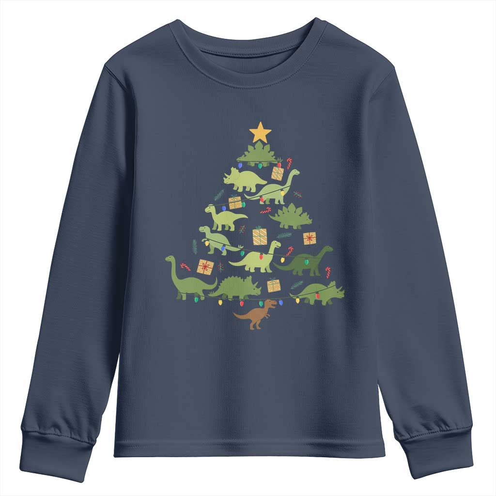 Funny Christmas Dinosaur Youth Sweatshirt Dino Xmas Tree Rex Paleontologist TS11 Navy Print Your Wear