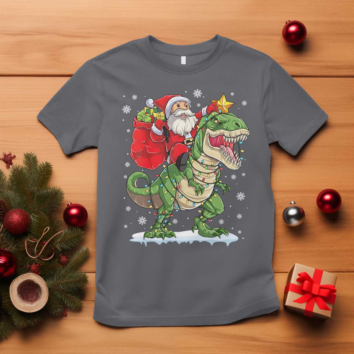 Funny Dinosaur Christmas Santa Claus Riding Dino T Shirt TS11 Charcoal Print Your Wear