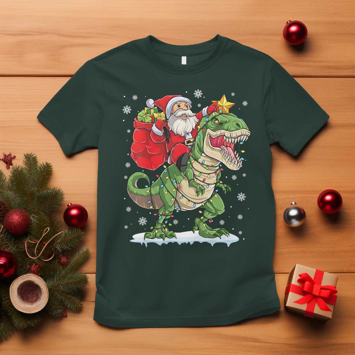 Funny Dinosaur Christmas Santa Claus Riding Dino T Shirt TS11 Dark Forest Green Print Your Wear