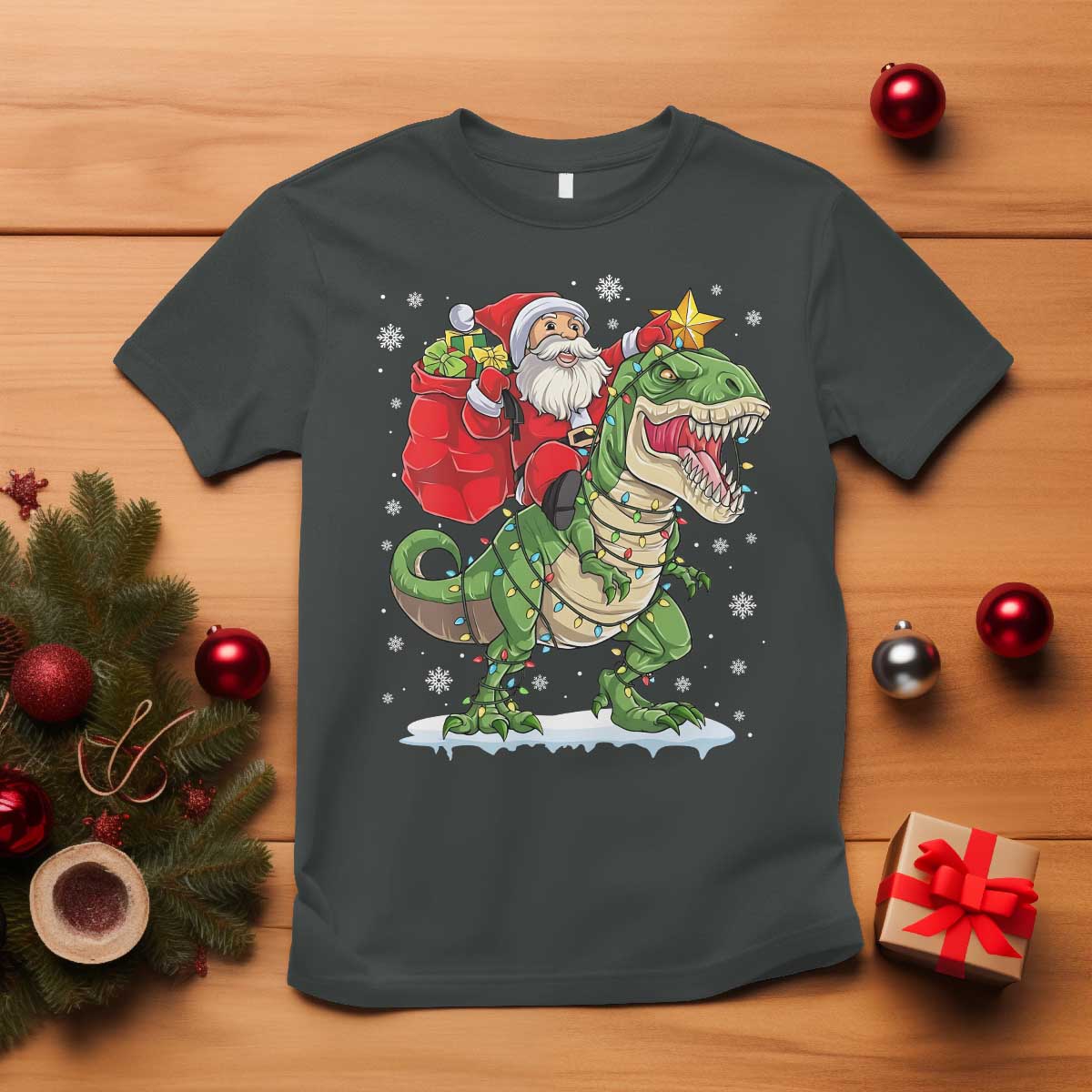 Funny Dinosaur Christmas Santa Claus Riding Dino T Shirt TS11 Dark Heather Print Your Wear