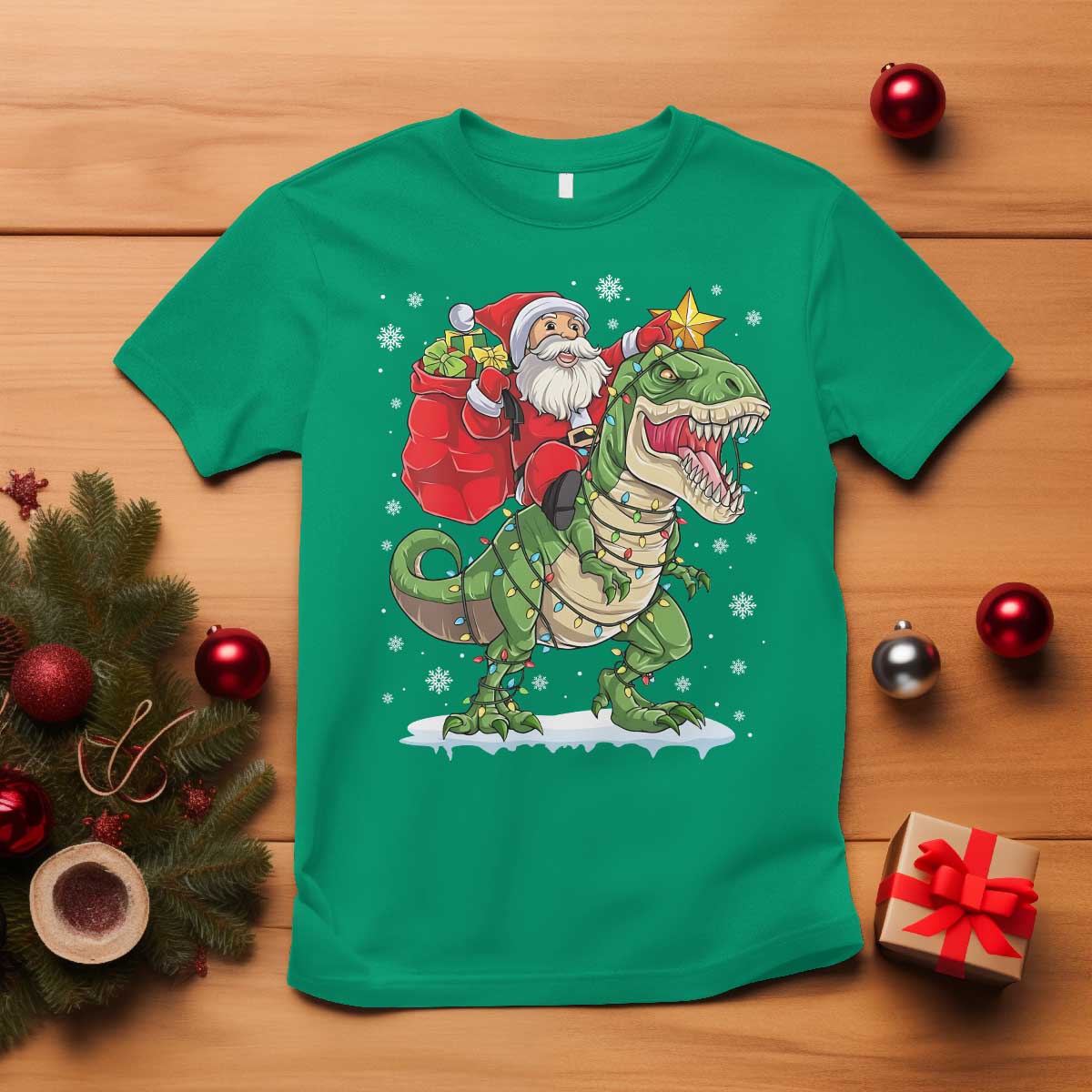 Funny Dinosaur Christmas Santa Claus Riding Dino T Shirt TS11 Irish Green Print Your Wear