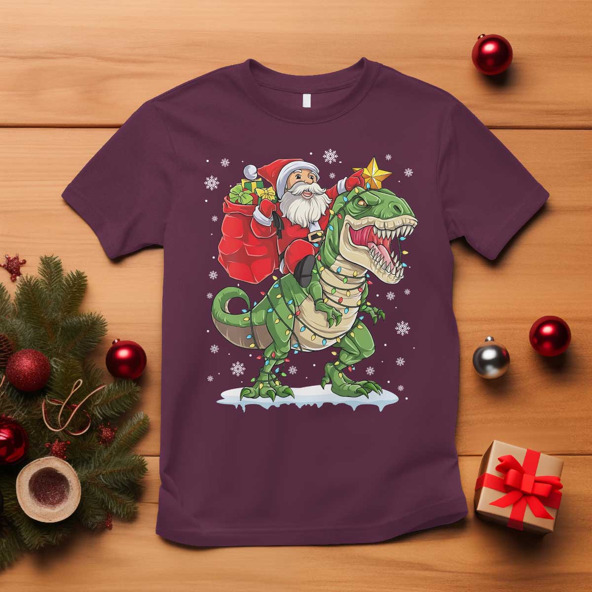 Funny Dinosaur Christmas Santa Claus Riding Dino T Shirt TS11 Maroon Print Your Wear