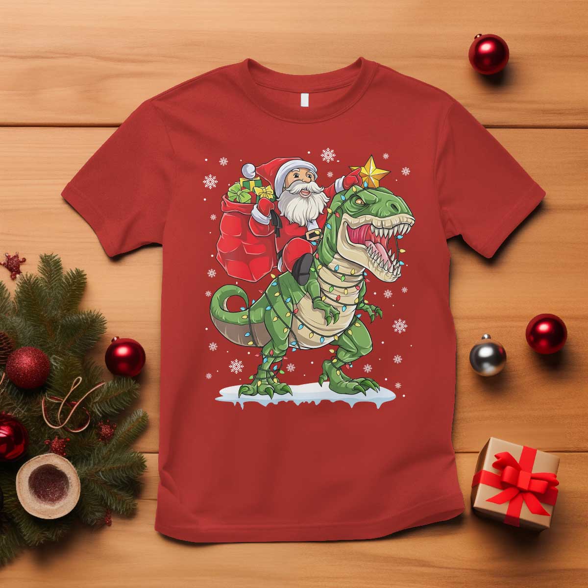 Funny Dinosaur Christmas Santa Claus Riding Dino T Shirt TS11 Red Print Your Wear