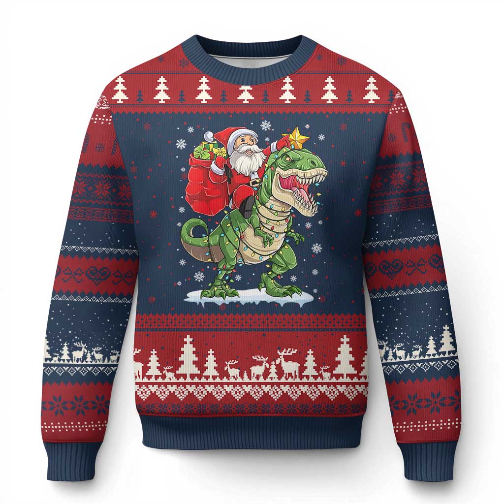Funny Dinosaur Xmas Santa Claus Riding Dino Ugly Christmas Sweater TS11 Navy Red Print Your Wear