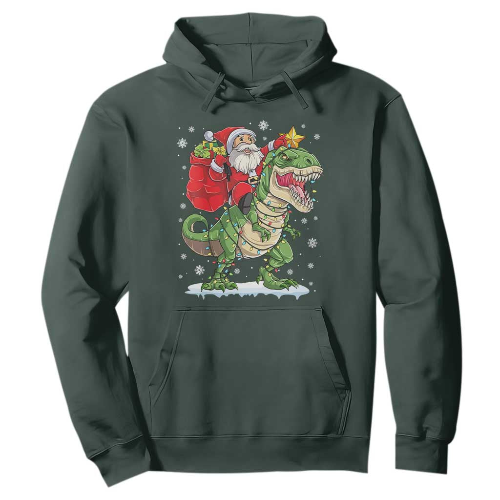 Funny Dinosaur Christmas Santa Claus Riding Dino Hoodie TS11 Dark Forest Green Print Your Wear
