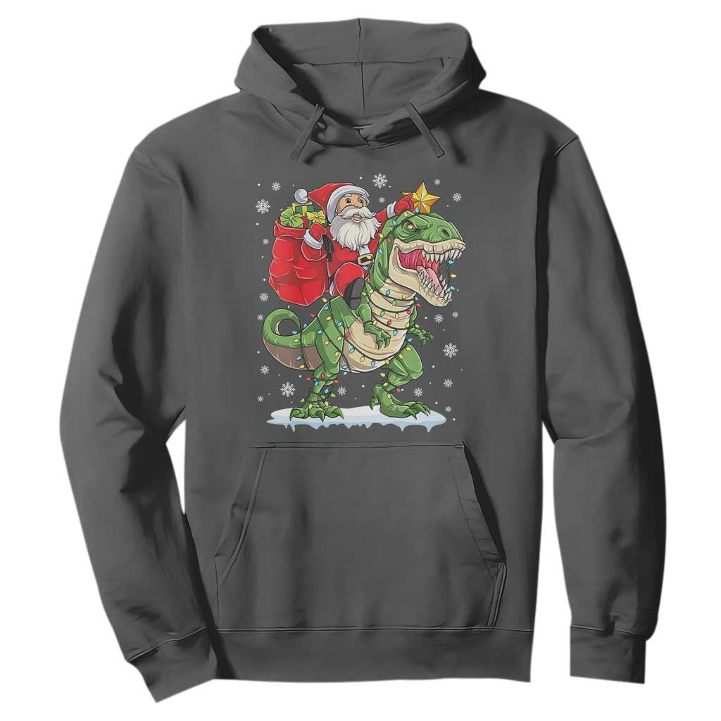 Funny Dinosaur Christmas Santa Claus Riding Dino Hoodie TS11 Dark Heather Print Your Wear