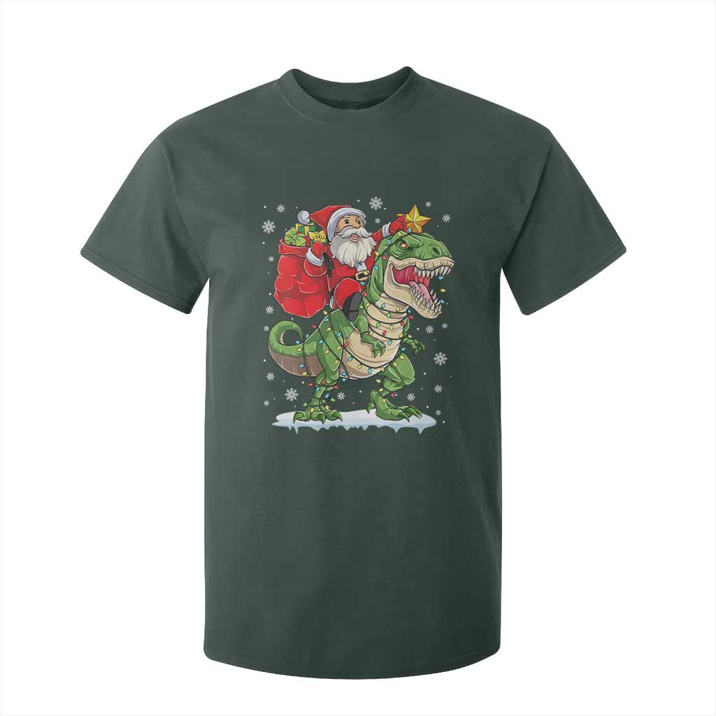 Funny Dinosaur Christmas Santa Claus Riding Dino T Shirt For Kid TS11 Dark Forest Green Print Your Wear