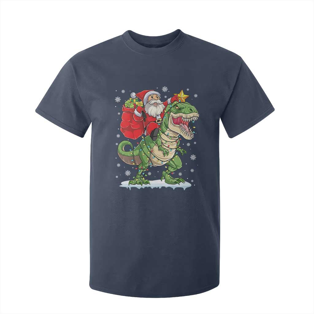 Funny Dinosaur Christmas Santa Claus Riding Dino T Shirt For Kid TS11 Navy Print Your Wear
