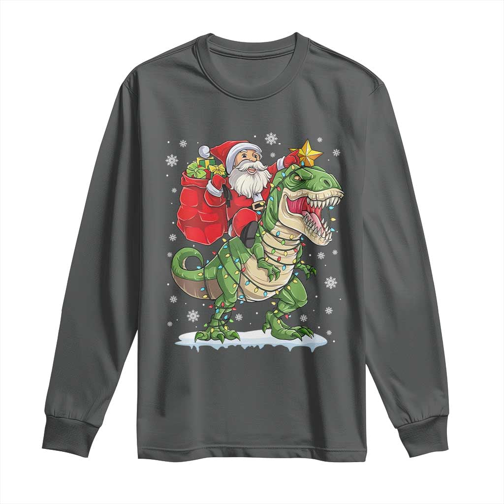 Funny Dinosaur Christmas Santa Claus Riding Dino Long Sleeve Shirt TS11 Dark Heather Print Your Wear