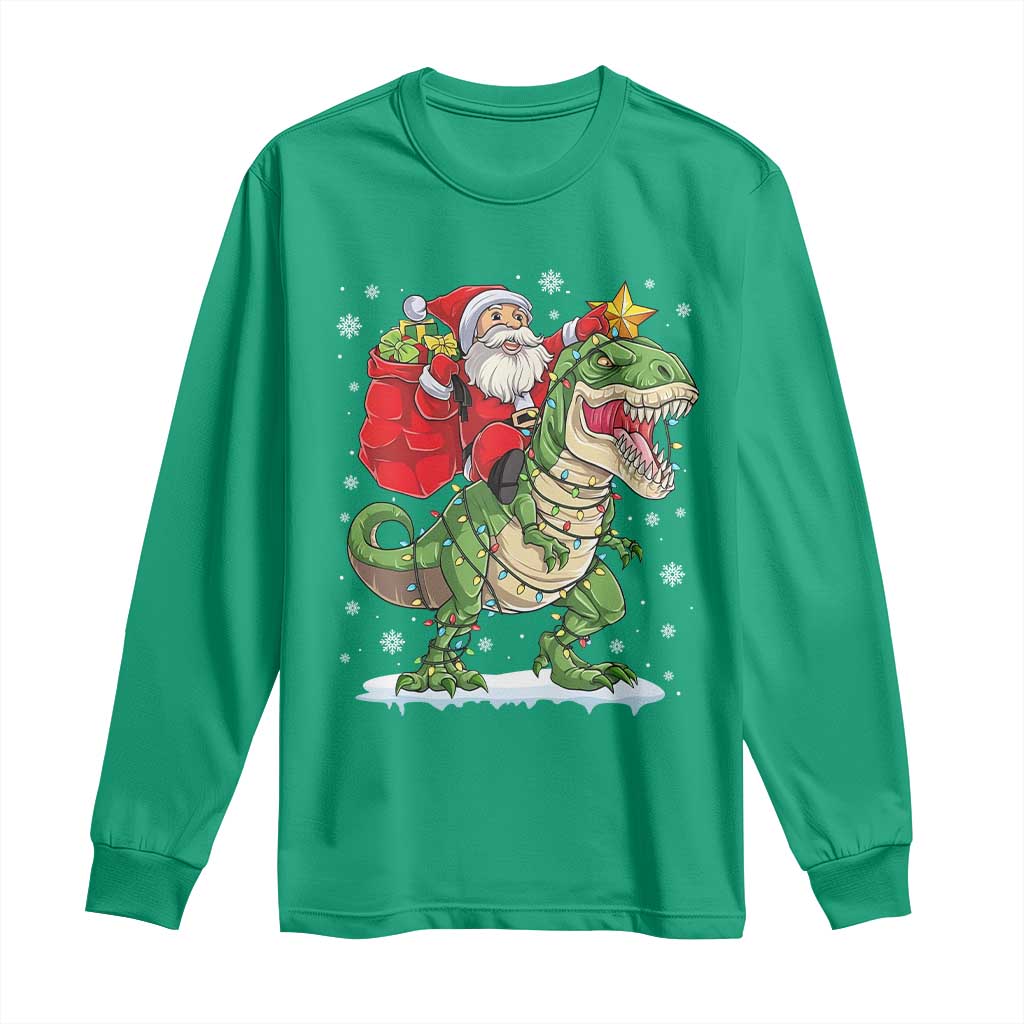 Funny Dinosaur Christmas Santa Claus Riding Dino Long Sleeve Shirt TS11 Irish Green Print Your Wear