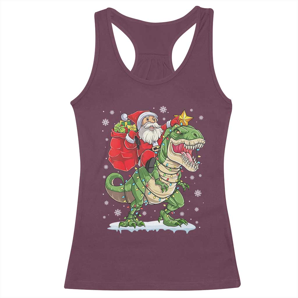 Funny Dinosaur Christmas Santa Claus Riding Dino Racerback Tank Top TS11 Maroon Print Your Wear