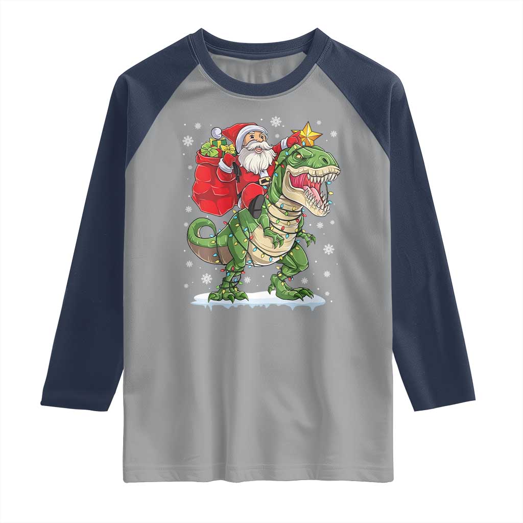 Funny Dinosaur Christmas Santa Claus Riding Dino Raglan Shirt TS11 Sport Gray Navy Print Your Wear