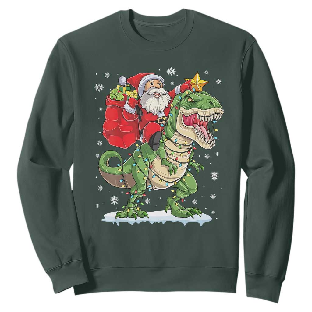Funny Dinosaur Christmas Santa Claus Riding Dino Sweatshirt TS11 Dark Forest Green Print Your Wear