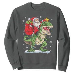 Funny Dinosaur Christmas Santa Claus Riding Dino Sweatshirt TS11 Dark Heather Print Your Wear
