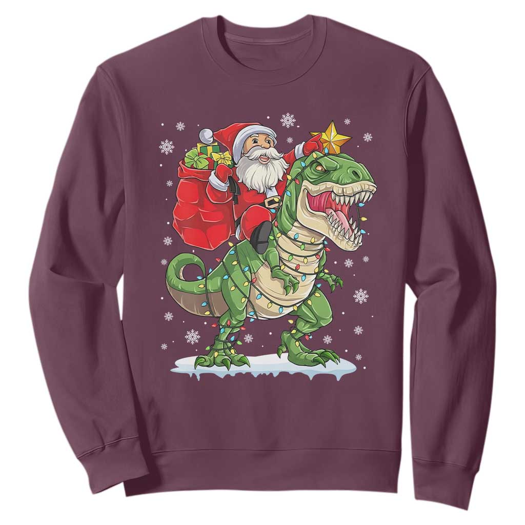 Funny Dinosaur Christmas Santa Claus Riding Dino Sweatshirt TS11 Maroon Print Your Wear