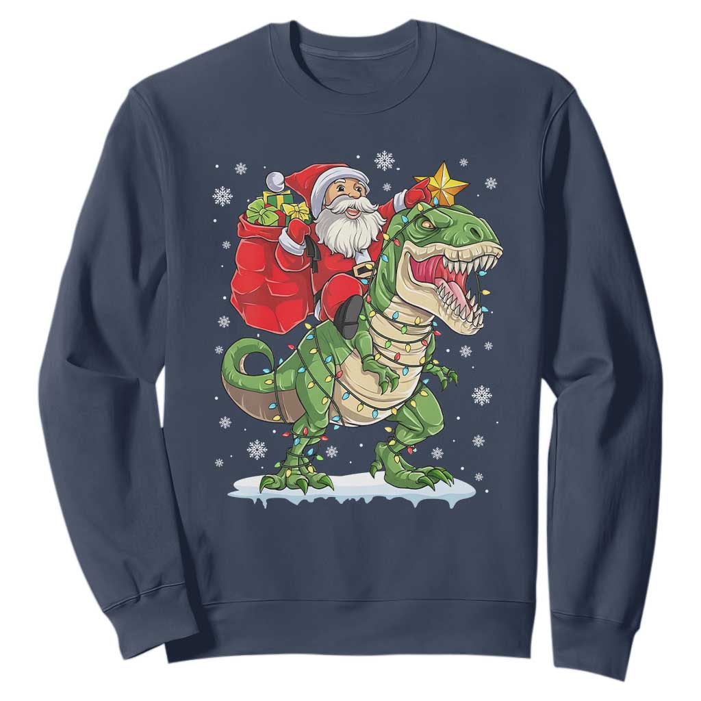 Funny Dinosaur Christmas Santa Claus Riding Dino Sweatshirt TS11 Navy Print Your Wear