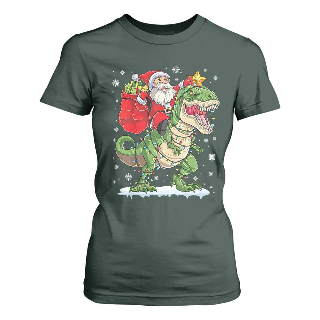 Funny Dinosaur Christmas Santa Claus Riding Dino T Shirt For Women TS11 Dark Forest Green Print Your Wear