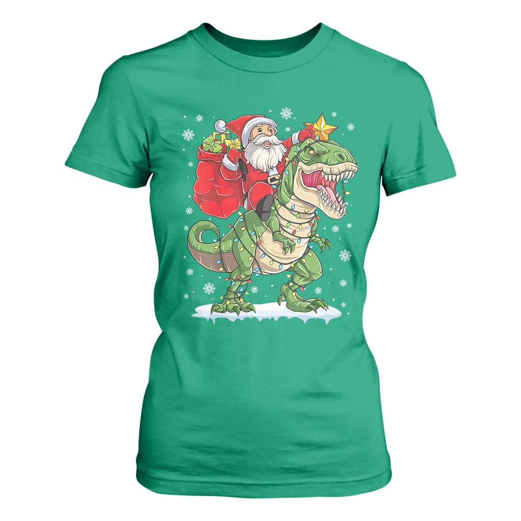 Funny Dinosaur Christmas Santa Claus Riding Dino T Shirt For Women TS11 Irish Green Print Your Wear