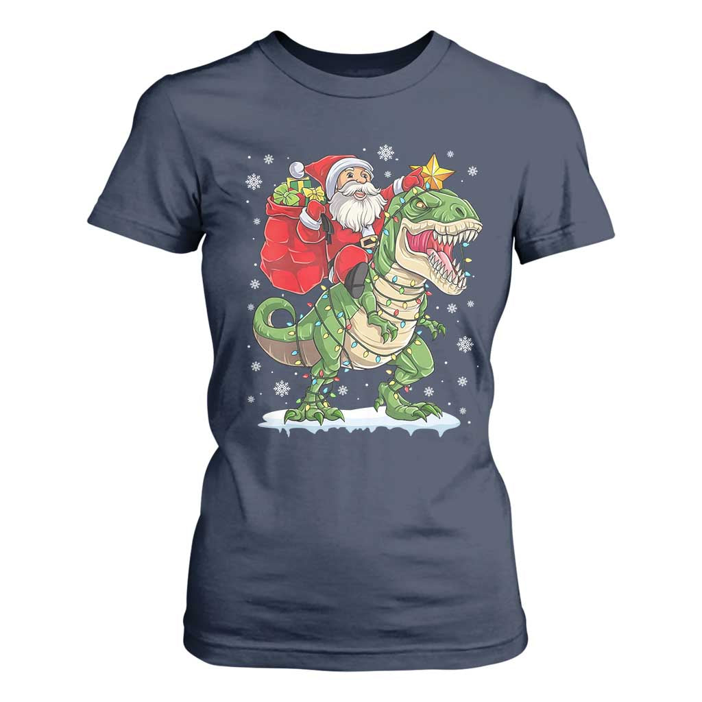 Funny Dinosaur Christmas Santa Claus Riding Dino T Shirt For Women TS11 Navy Print Your Wear