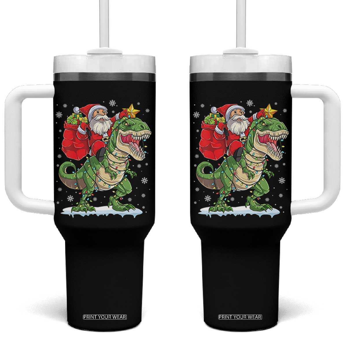 Funny Dinosaur Christmas Santa Claus Riding Dino Tumbler With Handle - Print Your Wear