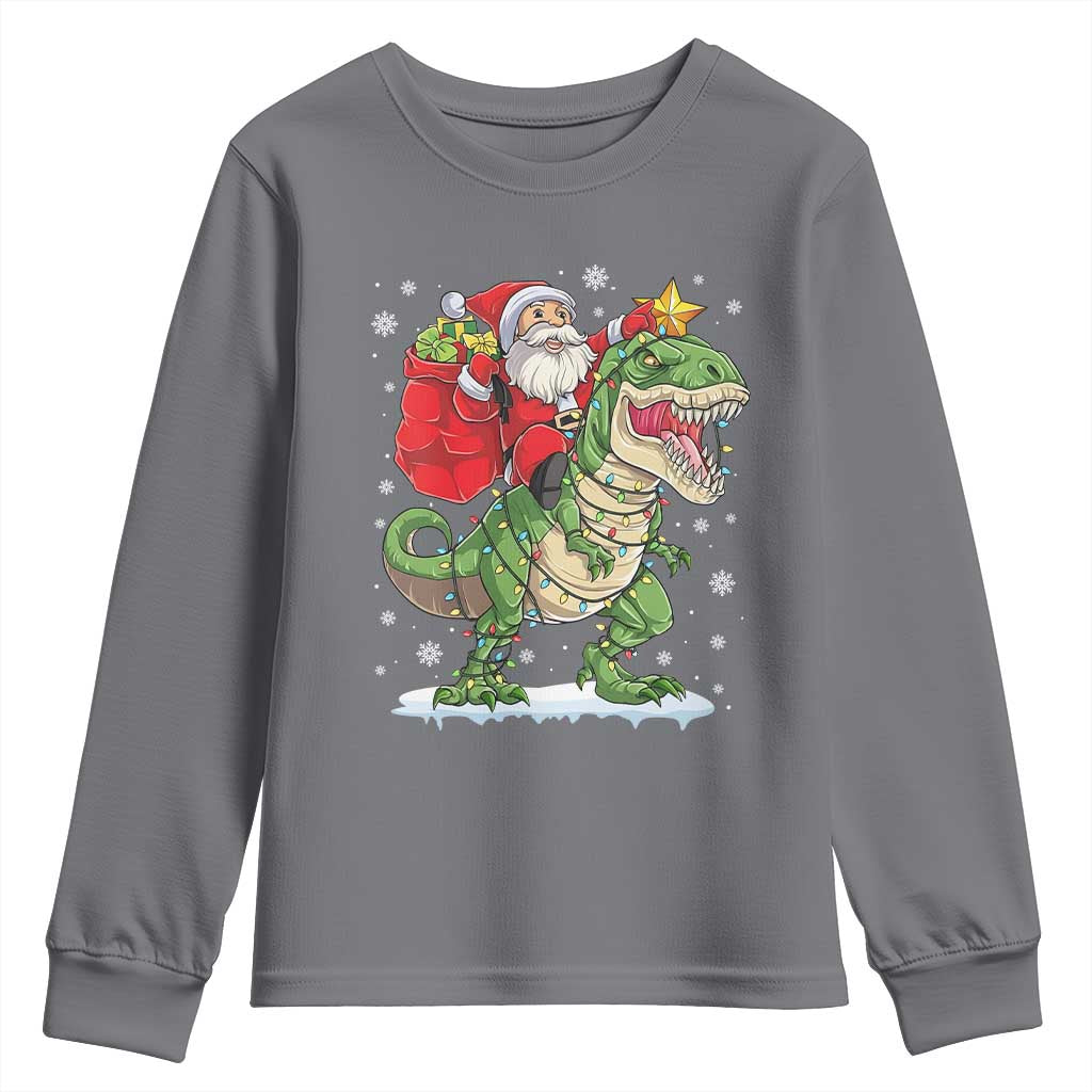 Funny Dinosaur Christmas Santa Claus Riding Dino Youth Sweatshirt TS11 Charcoal Print Your Wear