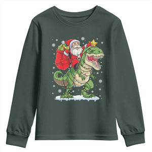 Funny Dinosaur Christmas Santa Claus Riding Dino Youth Sweatshirt TS11 Dark Forest Green Print Your Wear
