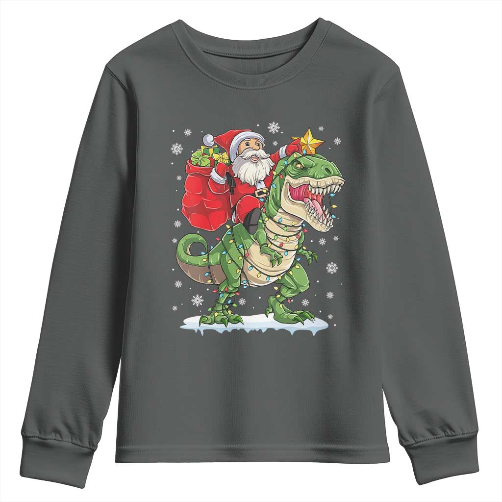 Funny Dinosaur Christmas Santa Claus Riding Dino Youth Sweatshirt TS11 Dark Heather Print Your Wear