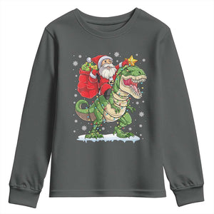 Funny Dinosaur Christmas Santa Claus Riding Dino Youth Sweatshirt TS11 Dark Heather Print Your Wear